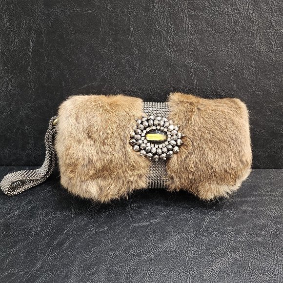 Sondra Roberts Metal Mesh Wristlet With Genuine Rabbit Fur And Stones - Picture 1 of 10